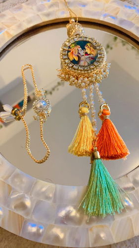 Golden Pearl Radha Krishna Rakhi Lumba Set