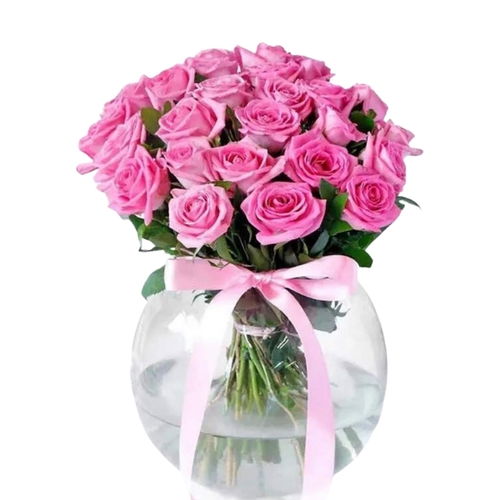 25 Pink Roses in Bowl